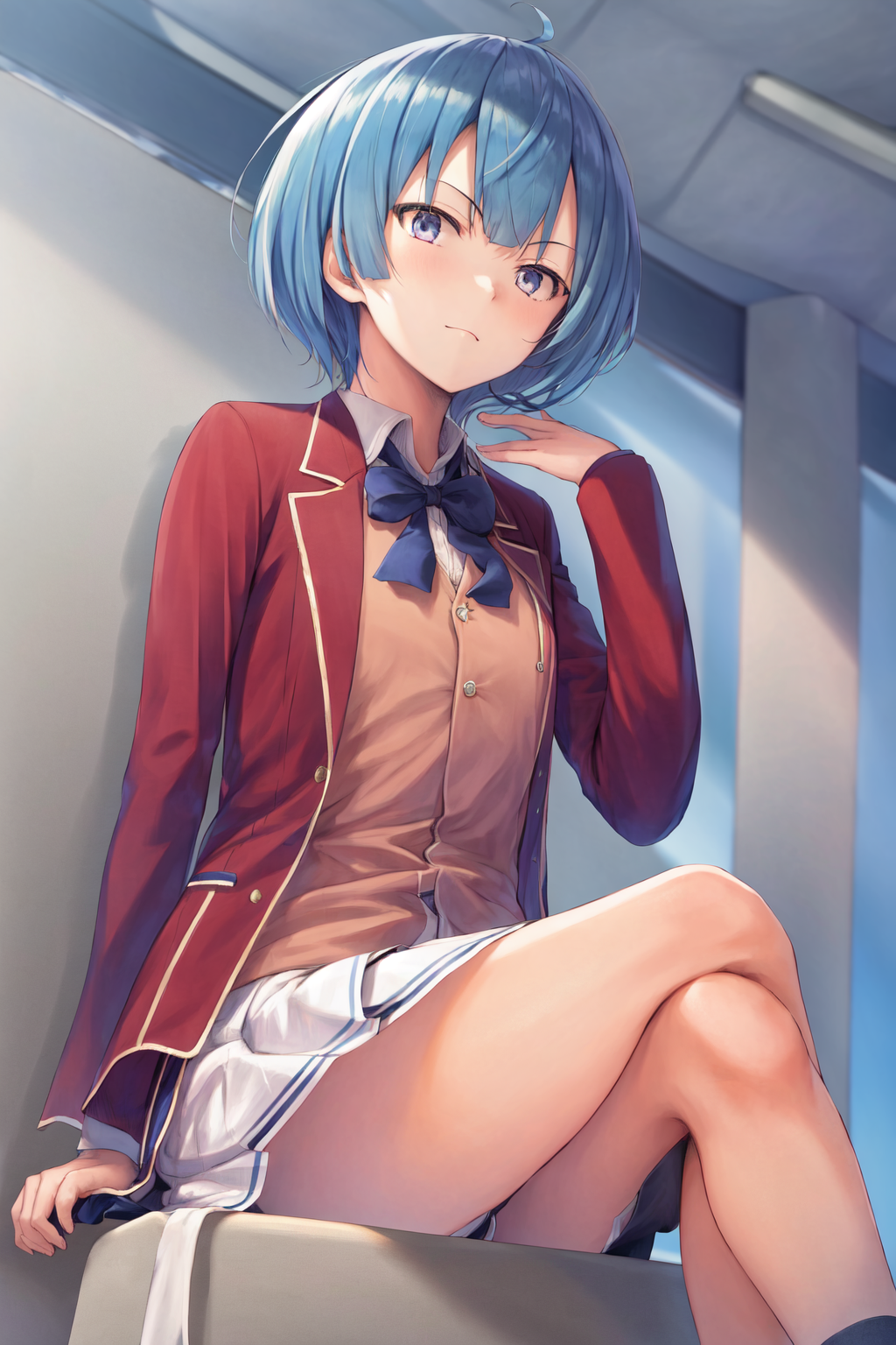 31905-4046585945-masterpiece, best quality, highres, 1girl ibuki mio short hair blue hair, white skirt red jacket open jacket  sitting, (crossed.png